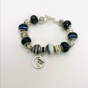 Charm Bracelet Glass Beads Silver Tone 8”